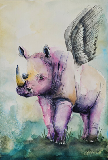 Malerei mit dem Titel "Rinoceronte Rosa" von Evgenia Smirnova, Original-Kunstwerk, Aquarell