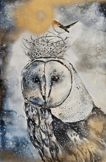 Ζωγραφική με τίτλο "Golden Owl" από Evgenia Smirnova, Αυθεντικά έργα τέχνης, Ακουαρέλα