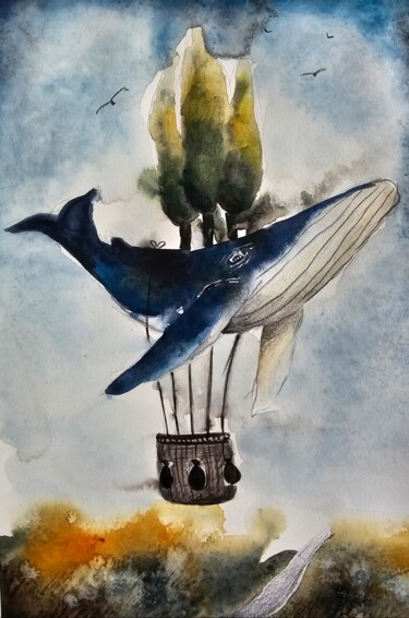 Картина под названием "La balena con i cip…" - Evgenia Smirnova, Подлинное произведение искусства, Акварель