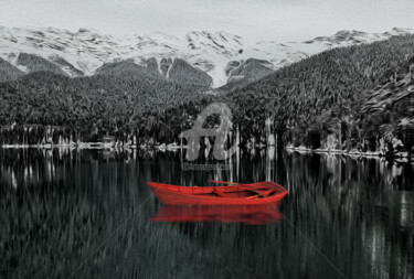 Digitale Kunst mit dem Titel "Red boat on the bac…" von Ievgeniia Bidiuk, Original-Kunstwerk, Digitale Malerei