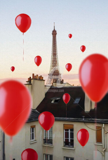 Digitale Kunst getiteld "Red balloons over P…" door Ievgeniia Bidiuk, Origineel Kunstwerk, Digitaal Schilderwerk