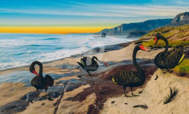 Digitale Kunst mit dem Titel "Black swans on the…" von Ievgeniia Bidiuk, Original-Kunstwerk, 3D Modellierung