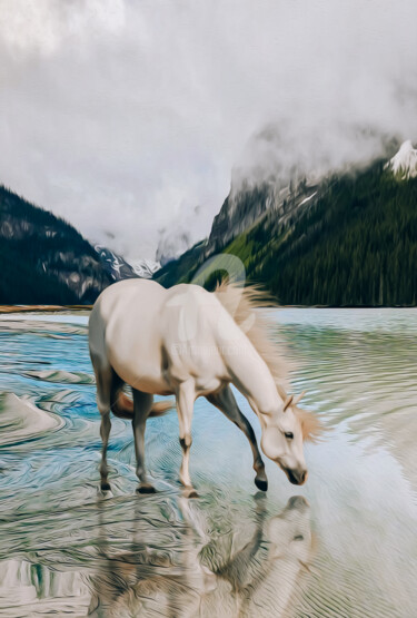 Digital Arts titled "White horse on the…" by Ievgeniia Bidiuk, Original Artwork, Digital Painting