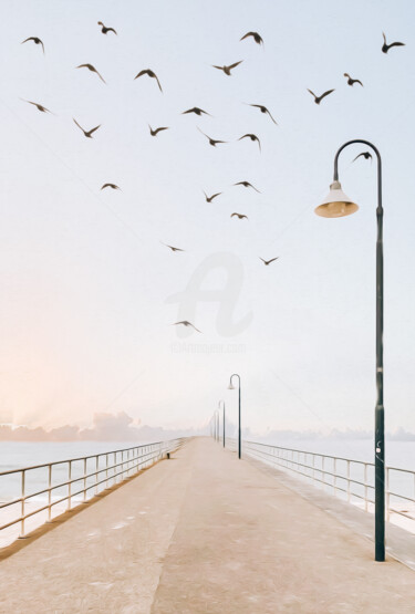 Digital Arts titled "Birds over the pier…" by Ievgeniia Bidiuk, Original Artwork, Digital Painting