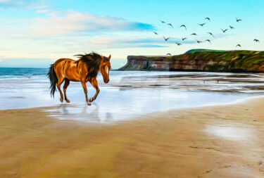 Horse running along the ocean coast. Digitale Künste mit dem Titel "Horse running along…" von Ievgeniia Bidiuk, Original-Kunstwerk, Digitale Malerei