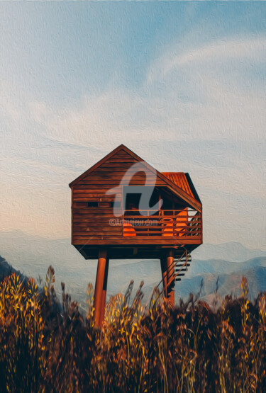 Digital Arts titled "Wooden house in the…" by Ievgeniia Bidiuk, Original Artwork, Digital Painting