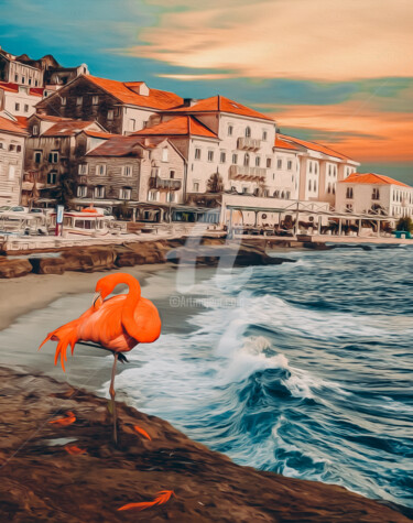 数字艺术 标题为“Flamingos on the se…” 由Ievgeniia Bidiuk, 原创艺术品, 数字油画