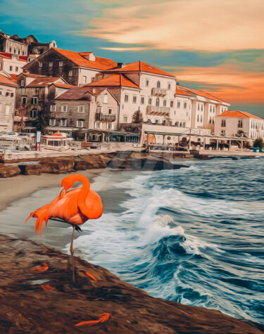 Flamingos on the seashore near the old town. Digital Arts titled "Flamingos on the se…" by Ievgeniia Bidiuk, Original Art, Digital Painting