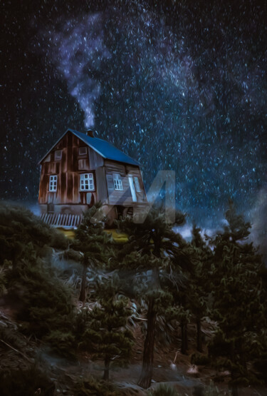 A winter night with a house on a forest hill. Arts numériques intitulée "A winter night with…" par Ievgeniia Bidiuk, Œuvre d'art originale, Peinture numérique