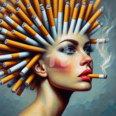 Digital Arts titled "Woman and cigarette…" by Ievgeniia Bidiuk, Original Artwork, Digital Painting