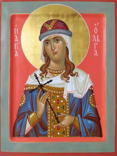 Картина под названием "Святая Ольга. икона." - Evgenii Seroshtan, Подлинное произведение искусства, Пигменты