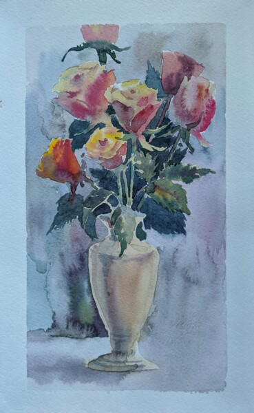 Pintura intitulada "Розы" por Evgeniia Grechanovskaia, Obras de arte originais, Aquarela