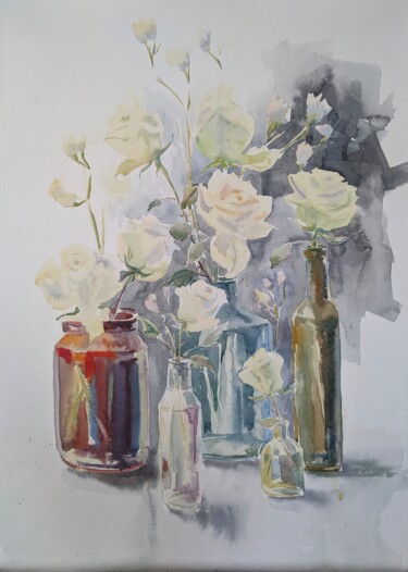 Pintura intitulada "Стекло и розы" por Evgeniia Grechanovskaia, Obras de arte originais, Aquarela