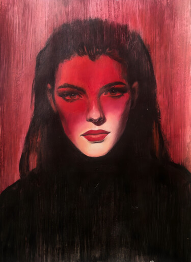 Dessin intitulée "Woman in a red lite" par Evgeniia Karpacheva, Œuvre d'art originale, Acrylique