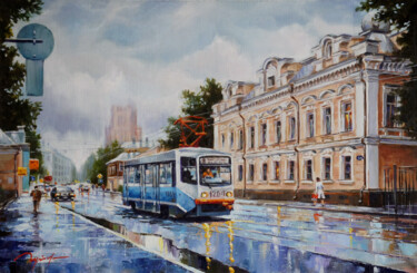 Картина под названием "Дождь на Новокузнец…" - Евгений Гусев, Подлинное произведение искусства, Масло