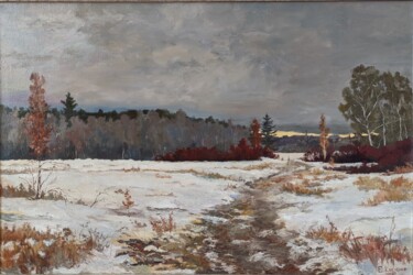 Painting titled "Winter road" by Evgenii Kislenko, Original Artwork, Oil