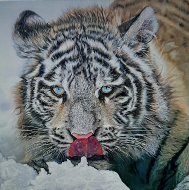 Painting titled "Тигр в снегу" by Evgenij Lazarev, Original Artwork, Acrylic Mounted on Other rigid panel