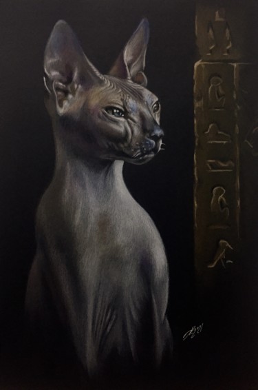 Drawing titled "Bastet" by Evgeniy Karpenko, Original Artwork, Conté