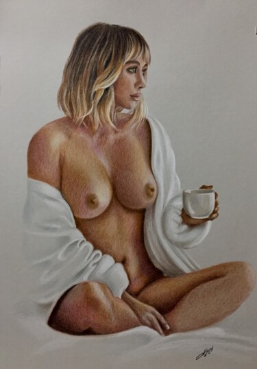 Tekening getiteld "Morning coffee" door Evgeniy Karpenko, Origineel Kunstwerk, Potlood
