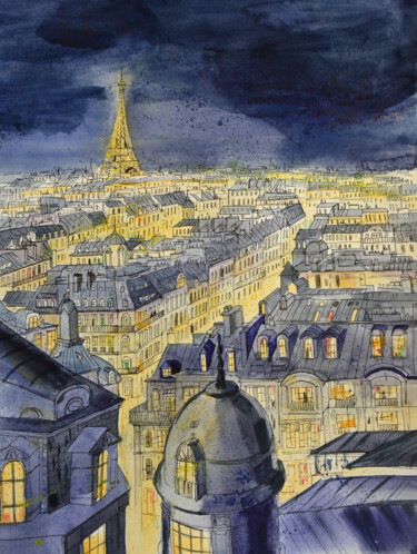 Картина под названием "Paris by night" - Evgeniya Ivanov, Подлинное произведение искусства, Акварель