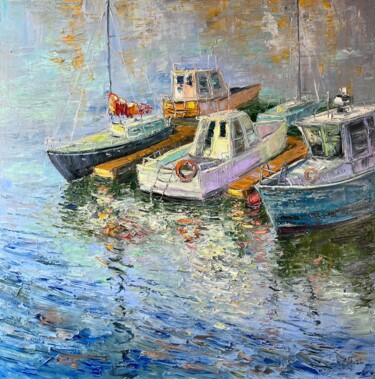 Malerei mit dem Titel "Boats at the pier" von Evgeniya Polyudova, Original-Kunstwerk, Öl
