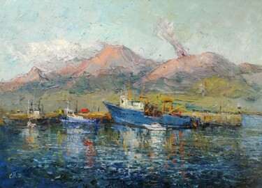 Painting titled "The port on the bac…" by Evgeniya Polyudova, Original Artwork, Oil Mounted on Wood Stretcher frame