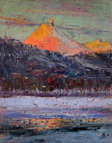Pittura intitolato "Avacha volcano at s…" da Evgeniya Polyudova, Opera d'arte originale, Olio Montato su Cartone