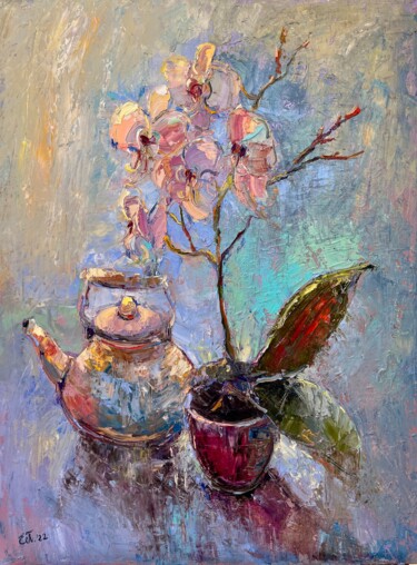 Painting titled "Pink orchid" by Evgeniya Polyudova, Original Artwork, Oil Mounted on Wood Stretcher frame