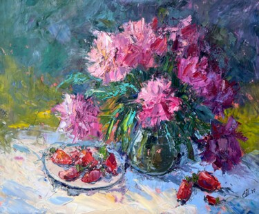 Peinture intitulée "Strawberries with p…" par Evgeniya Polyudova, Œuvre d'art originale, Huile Monté sur Châssis en bois