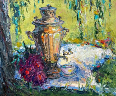 Painting titled "Summer tea party" by Evgeniya Polyudova, Original Artwork, Oil Mounted on Wood Stretcher frame