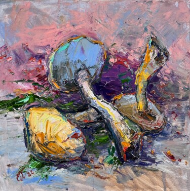 Painting titled "Mushrooms" by Evgeniya Polyudova, Original Artwork, Oil Mounted on Wood Stretcher frame