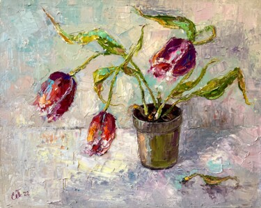 Painting titled "Tulips" by Evgeniya Polyudova, Original Artwork, Oil Mounted on Wood Stretcher frame