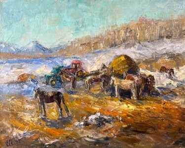 Painting titled "On a horse farm. Ma…" by Evgeniya Polyudova, Original Artwork, Oil Mounted on Wood Stretcher frame