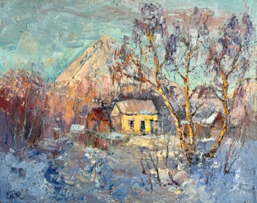 Painting titled "Sunset rays in Yeli…" by Evgeniya Polyudova, Original Artwork, Oil Mounted on Wood Stretcher frame