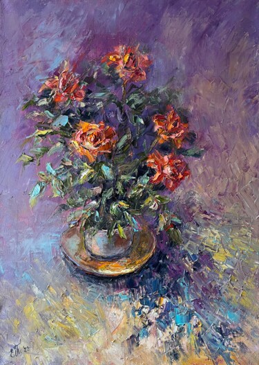 Painting titled "Tea rose" by Evgeniya Polyudova, Original Artwork, Oil Mounted on Wood Stretcher frame