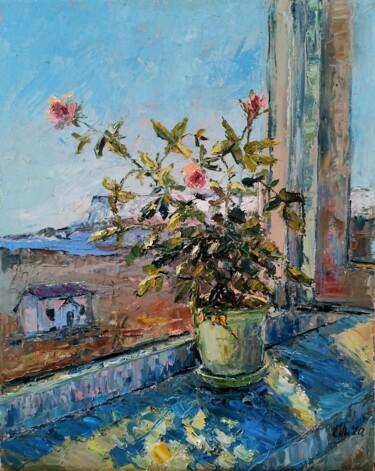 제목이 "Roses on the window…"인 미술작품 Evgeniya Polyudova로, 원작, 기름 나무 들것 프레임에 장착됨