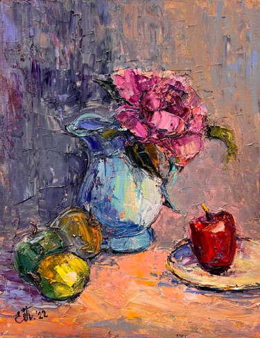 Картина под названием "A rose in a jug" - Evgeniya Polyudova, Подлинное произведение искусства, Масло Установлен на картон