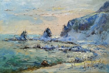 Painting titled "Rocks on the shore…" by Evgeniya Polyudova, Original Artwork, Oil Mounted on Wood Stretcher frame