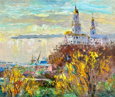 Картина под названием "Cathedral over Avac…" - Evgeniya Polyudova, Подлинное произведение искусства, Масло Установлен на Дер…