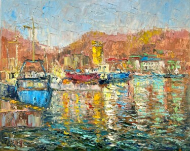 Schilderij getiteld "Autumn in the port" door Evgeniya Polyudova, Origineel Kunstwerk, Olie Gemonteerd op Frame voor houten…