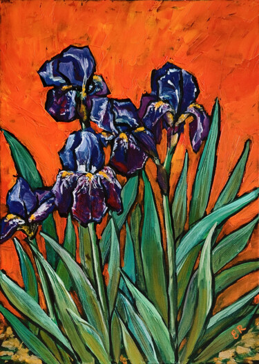 Malerei mit dem Titel "Irises on red" von Evgeniya Ryzhova, Original-Kunstwerk, Öl