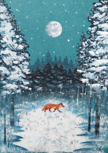 Schilderij getiteld "Fox on the snow" door Evgeniya Ryzhova, Origineel Kunstwerk, Gouache