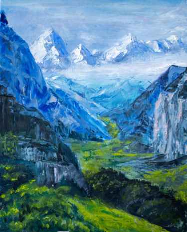 Schilderij getiteld "Mountain valley" door Evgeniya Zragevskaya, Origineel Kunstwerk, Olie Gemonteerd op Houten paneel