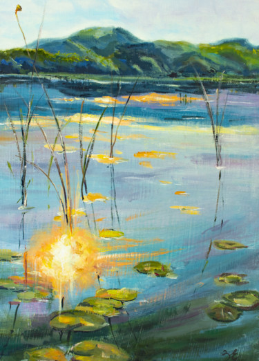 Malerei mit dem Titel "Sunset on the lake" von Evgeniya Zragevskaya, Original-Kunstwerk, Öl