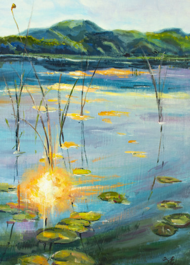 Sunset on the lake Peinture intitulée "Sunset on the lake" par Evgeniya Zragevskaya, Œuvre d'art originale, Huile