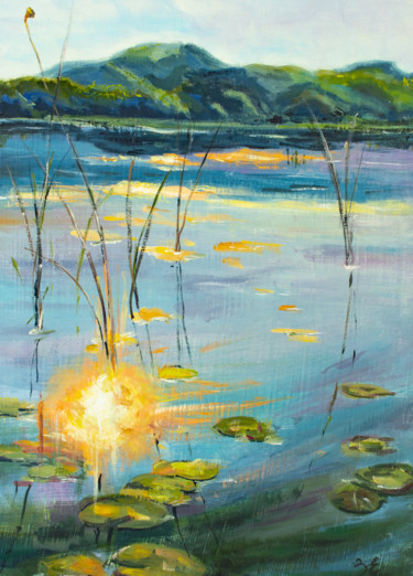 Pittura intitolato "Sunset on the lake" da Evgeniya Zragevskaya, Opera d'arte originale, Olio