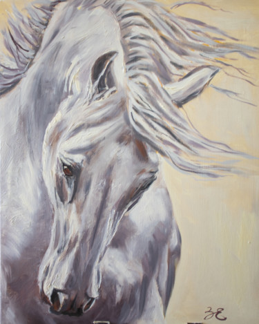 Ζωγραφική με τίτλο "White horse" από Evgeniya Zragevskaya, Αυθεντικά έργα τέχνης, Λάδι