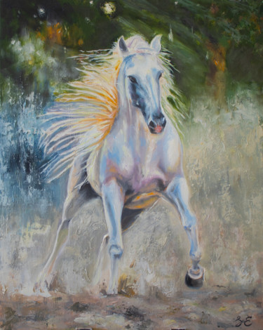 Картина под названием "White galloping sta…" - Evgeniya Zragevskaya, Подлинное произведение искусства, Масло