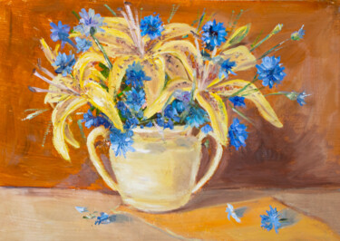 Картина под названием "Bouquet of lilies a…" - Evgeniya Zragevskaya, Подлинное произведение искусства, Масло