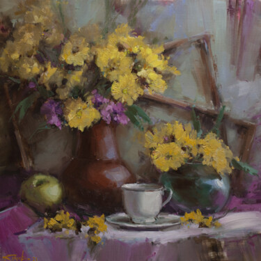 Картина под названием "Yellow chrysanthema…" - Evgeny Burtsev, Подлинное произведение искусства, Масло